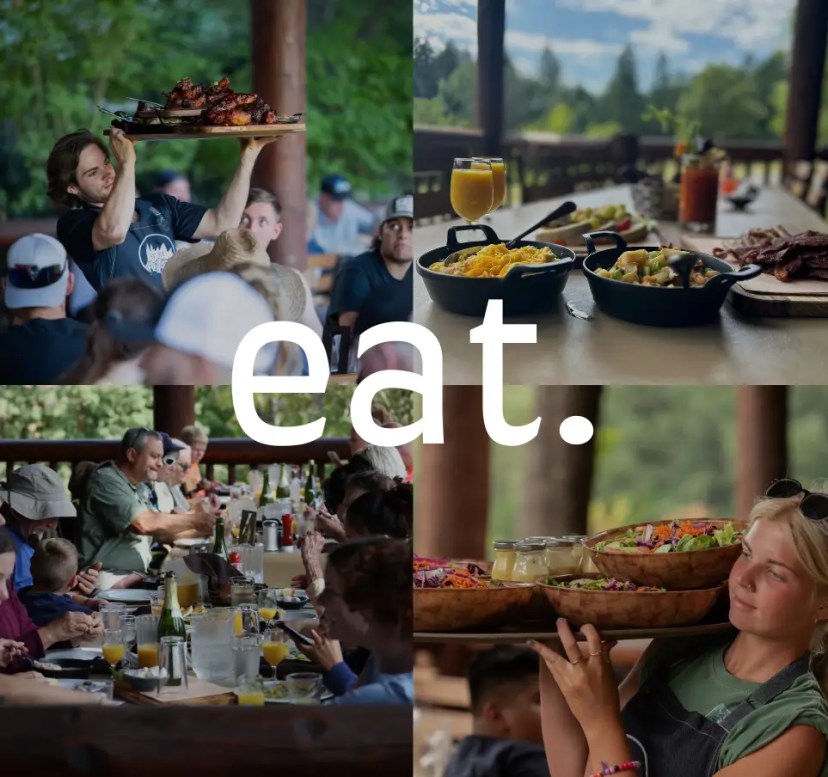 Collage of people dining outdoors and serving food, with 'eat.' text.