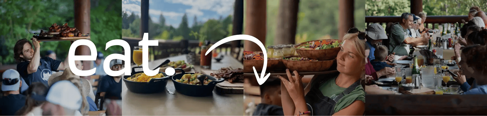 Collage of people dining outdoors, text 'eat.' overlain