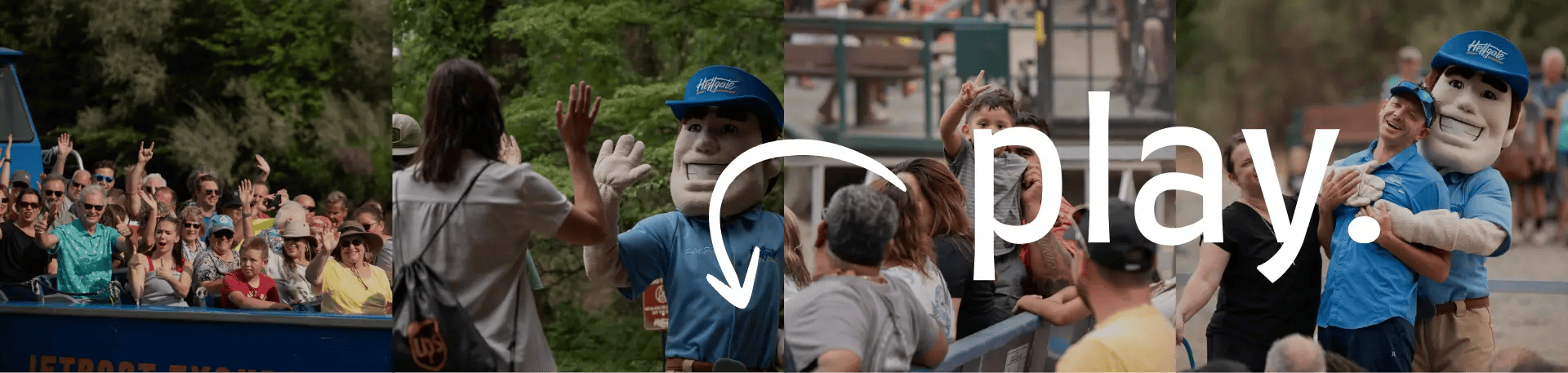 People on tour bus wave at man in mascot costume, with 'play.' in white text overlay.