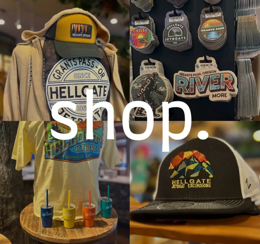 Collage of clothing and souvenirs from Hellgate Jetboat shop.